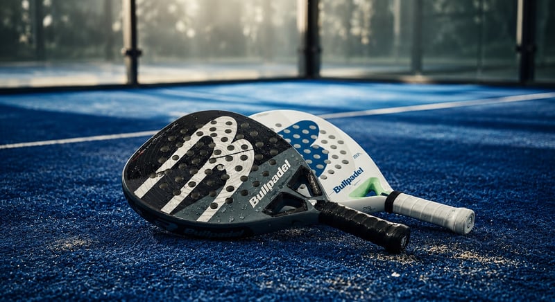 Dos paletas Bullpadel apoyadas en el piso de la cancha